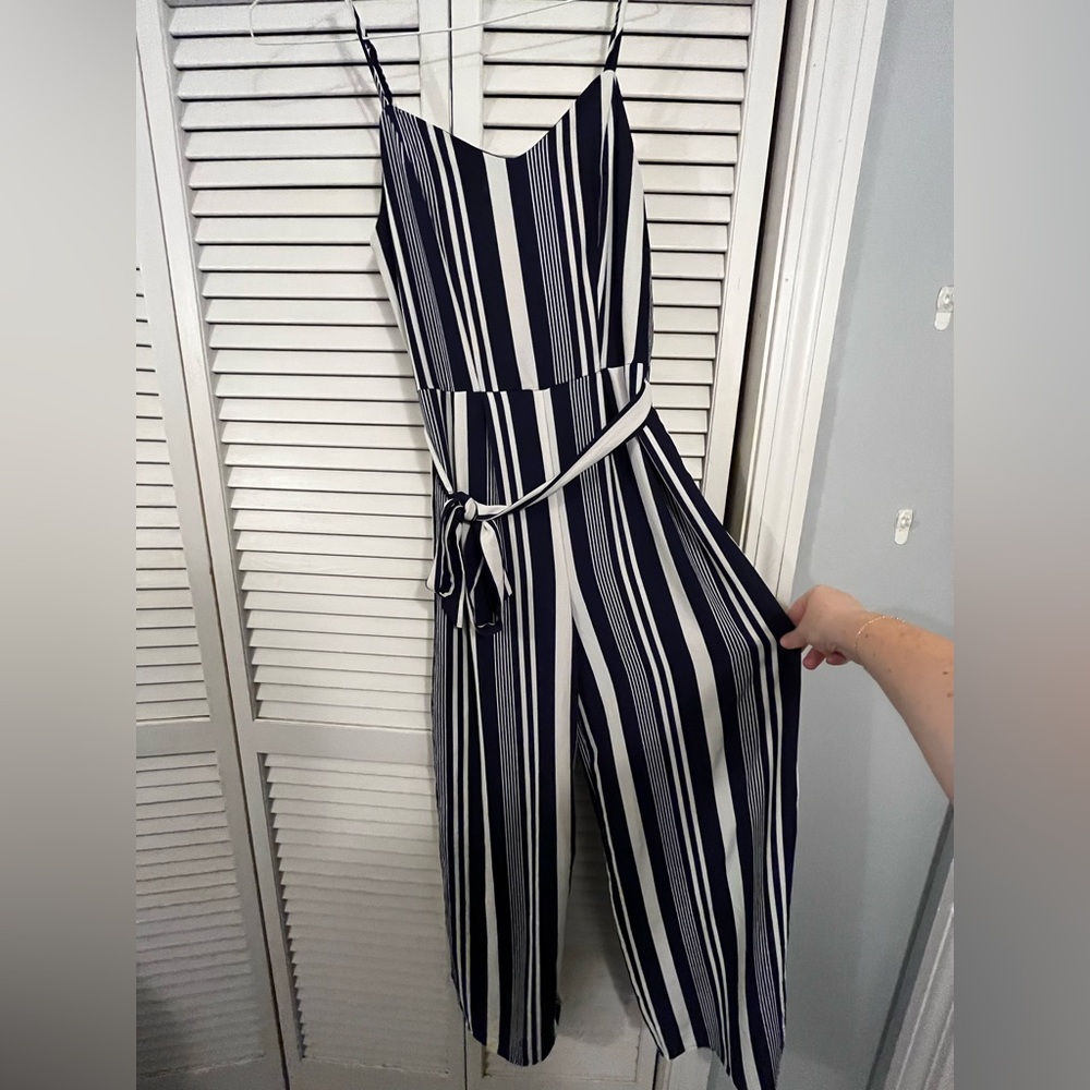 Monteau blue and white striped jumpsuit size large